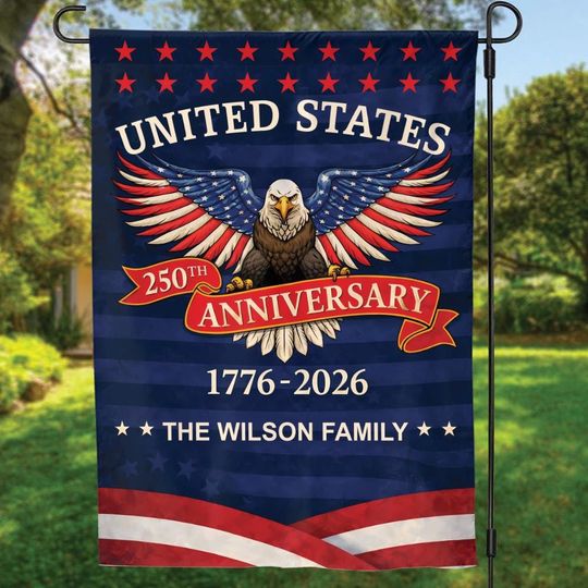 Discover Unites State 250 Years Anniversary Garden Flag, Customize Family Name Eagle America House Flag, Semiquincentennial Freedom Banner Yard Decor