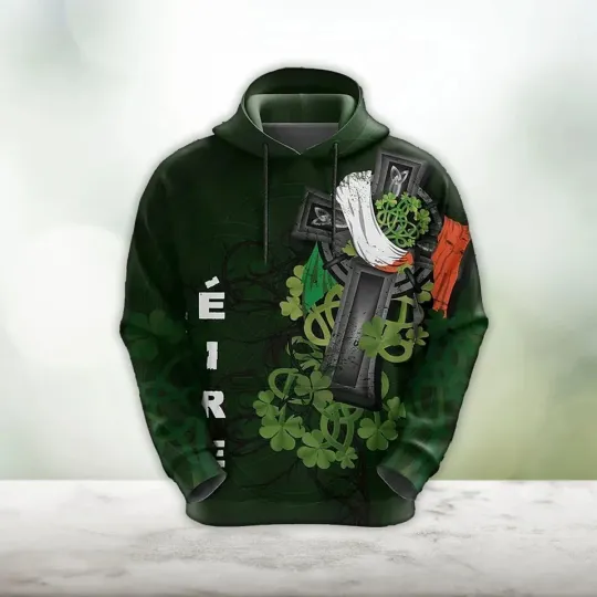 3D Printed Irish Pullover Shamrock Celtic Cross Happy Teer St Patrick's Day Hood