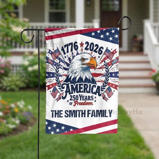 Discover Personalized America 250th Birthday Garden Flag, Custom Family Name 1776-2026 Anniversary Banner Outdoor, 4th of July, Patriotic Gift Decor