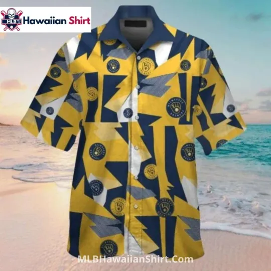 Discover Abstract Navy Milwaukee Baseball Team Brewerss  Hawaiian Shirt Lightning Style