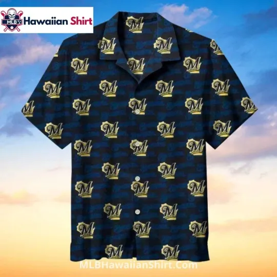 Discover All Over M Logo Milwaukee Baseball Team Brewerss Aloha Shirt Dark Tone
