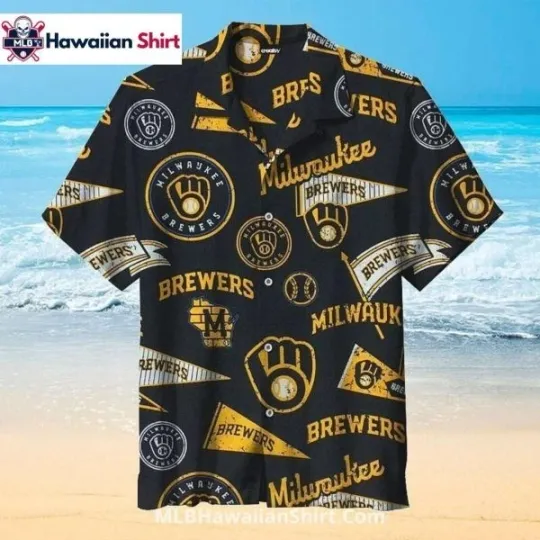 Discover Grunge Yellow Pennants Milwaukee Baseball Team Brewerss Hawaiian Shirt Vintage