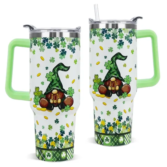Discover St Patricks Day Tumbler with Handle 40 oz Lucky Gnomes Shamrock Coffee Travel...