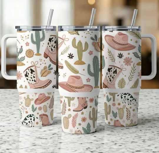 Discover 40oz Cowgirl Aesthetic Tumbler - Boho Western Boots Insulated Mug