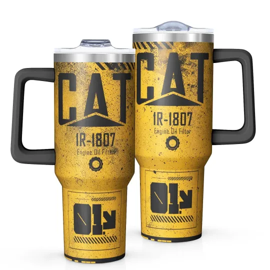 Discover 40oz CAT Construction Tumbler with Handle and Straw，Industrial Themed Insulat...