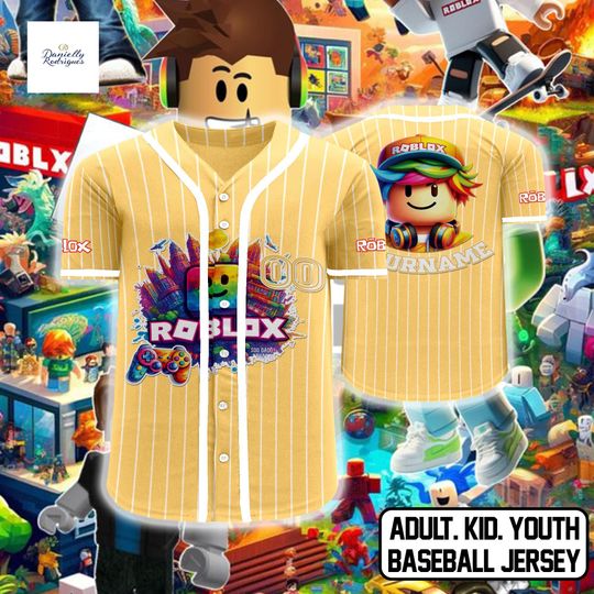 Roblox Gamer Baseball Jersey, Personalized Kids Birthday Shirt, Yellow Stripe Roblox Jersey