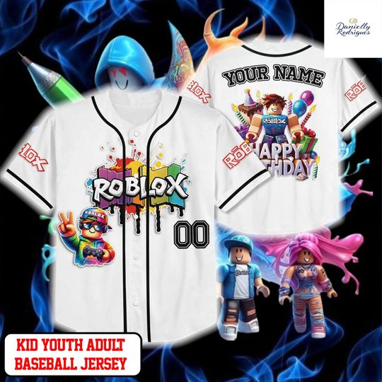 Roblox Birthday Baseball Jersey, Personalized Name Number Shirt, Kids Youth Adult Gaming Button Up Jersey