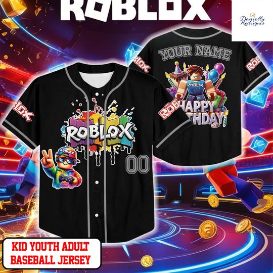 Roblox Birthday Gamer Baseball Jersey, Custom Name Button Up Shirt