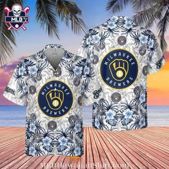 White Hibiscus flowers Milwaukee Baseball Team Brewerss Hawaiian Shirt