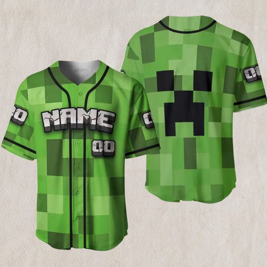 Pixel Creeper Baseball Jersey  Green Block Pattern, Custom Name & Number, Gamer Button Up Shirt