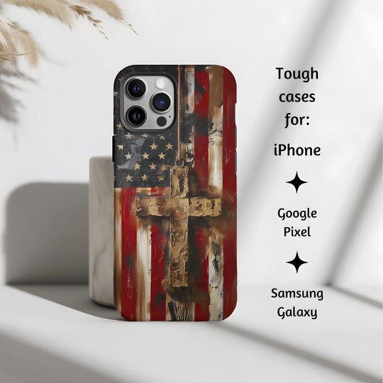 Discover American Cross and Flag Phone Case, USA Catholic Phone Case, Patriotic Christian Phone Cover for iPhone, Google Pixel, and Samsung Galaxy