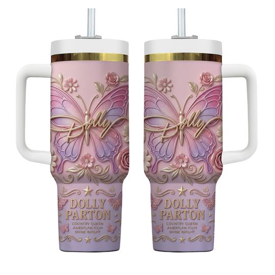 Dolly Parton 40oz Tumbler With Handle Country Music Queen Insulated Cup Butterfly Art Gift Jolene Singer Travel Mug Pink Aesthetic Icon