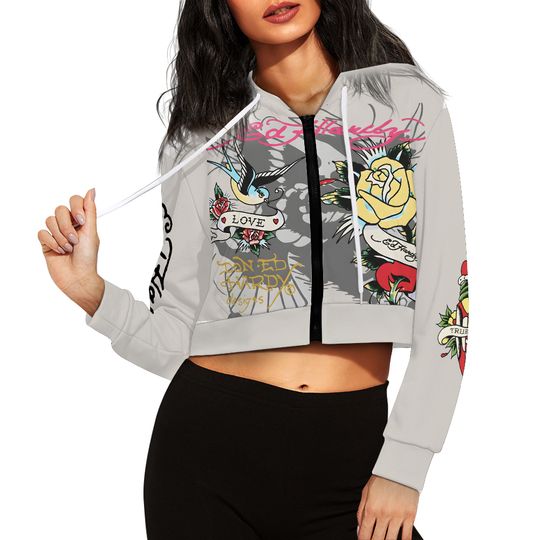 Ed Hardyy Graphic Tracksuit Set, Cropped Hoodie, Jogger Pants