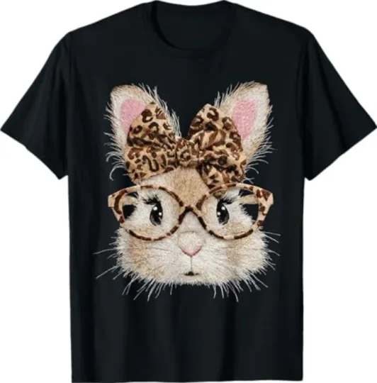 Discover Cute Bunny Rabbit Face Leopard T-Shirt with Bow and Glasses