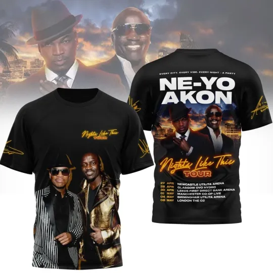 Discover NE-YO & Akon Nights Like This Tour 2026 All Over Print 3D T-Shirt