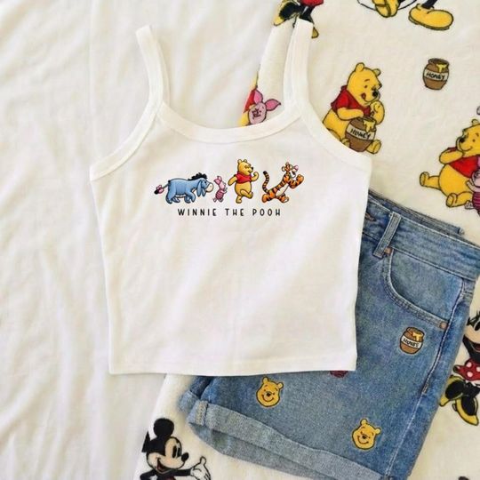 Discover Winnie the Pooh Crop Tank Top, Cute Cartoon Summer Cami, Disney Inspired Spaghetti Strap Tank for Women, Cute Disney Trip Summer Outfit