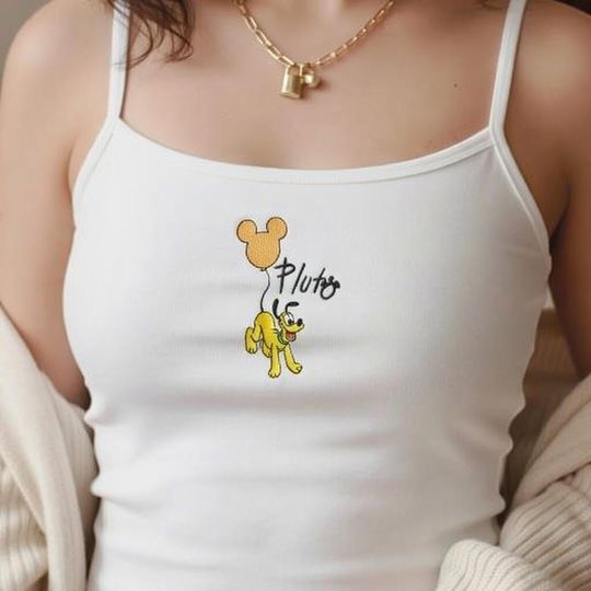 Discover Pluto Embroidered Tank Top, Disney Cute Crop Tank, Cartoon Dog Spaghetti Strap Top, Minimal Disney Outfit