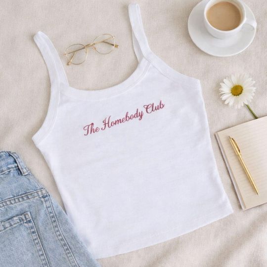 Discover Homebody Club Embroidered Tank Top, Minimalist Script Crop Tank, Cozy Lounge Spaghetti Strap Top, Everyday Casual Gift