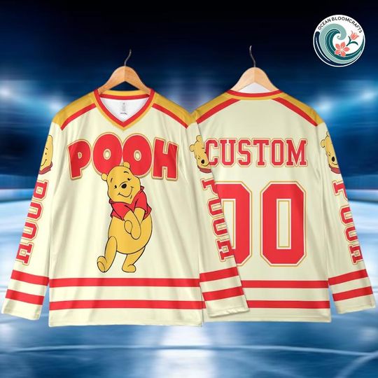 Discover Personalized Pooh Hockey Jersey, Custom Winnie the Pooh Disney Shirt, Cartoon Team Outfit, Disneyland Vacation Tee, Birthday Gift for Family
