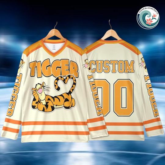 Discover Personalized Tigger Hockey Jersey, Custom Winnie the Pooh Disney Shirt, Cartoon Team Outfit, Disneyland Vacation Tee, Birthday Gift for Fans