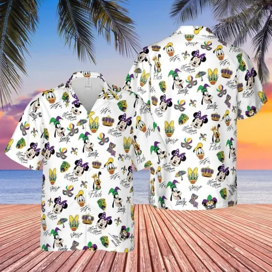 Discover Disney Mickey and Friends Signatures Mardi Gras Hawaiian Shirt, Size S-5XL