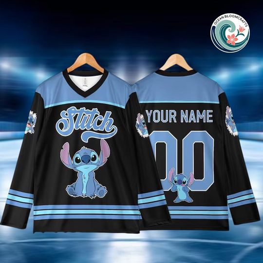 Discover Custom Stitch Hockey Jersey | Personalized Kids Youth Adult Shirt | Cute Blue Lilo & Stitch Gift | Funny Disney Family Matching Jersey