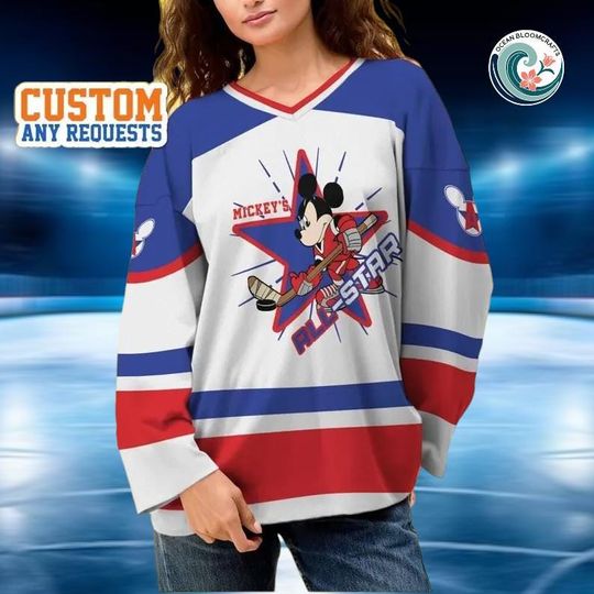 Discover Custom Mickey Mouse All Star Blue Red White Hockey Jersey, Disney Baseball Jersey Sports, Cute Birthday Gifts For Fans, Disneyland Family