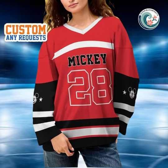 Discover Custom Original Mickey Mouse Red Hockey Jersey, Disney Baseball Jersey Sports, Cute Birthday Gifts For Fans, Disneyland Family