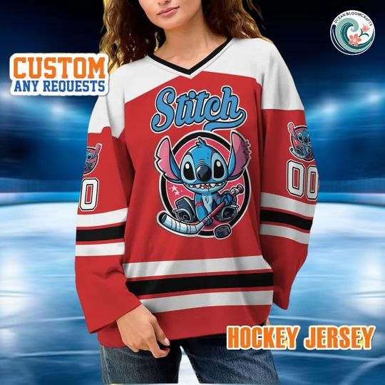 Discover Custom Stitch Lovely Hockey Jersey, Cute Birthday Gifts For Fans, Disney Hockey Jersey Sports, Disneyland Family