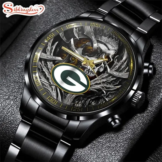Discover Custom Name Green Bay Football Team Packerss Men Black Stainless Steel Watch Gif