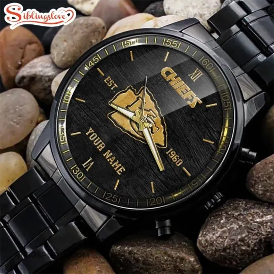 Discover Custom Name Kansas City Football Team Chiefss Black Stainless Steel Watch For Fa