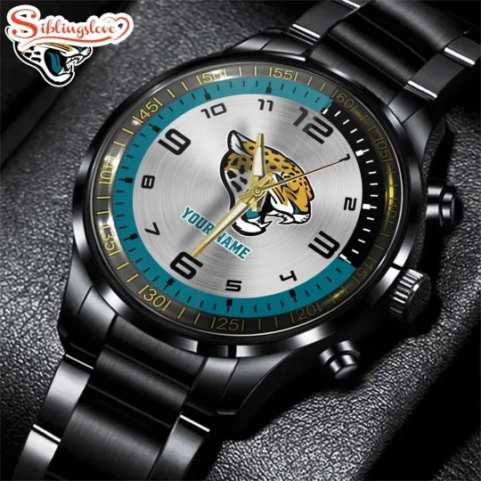 Discover Custom Name Jacksonville Football Team Jaguarss Black Stainless Steel Watch Gift