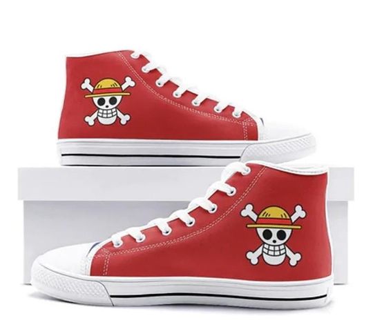 Discover HandmadeRed Pirate Skull High Top Canvas Sneakers | Nautical Anime Style Shoes