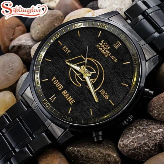 Discover Custom Name Los Angeles Football Team Ramss Black Stainless Steel Watch For Fans