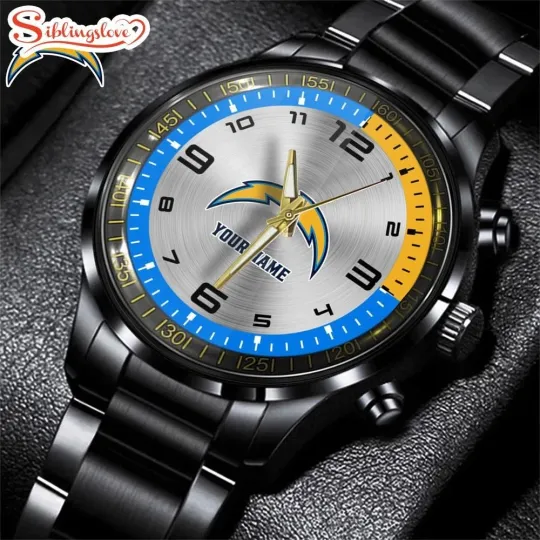 Discover Custom Name Los Angeles Football Team Chargerss Black Stainless Steel Watch Gift