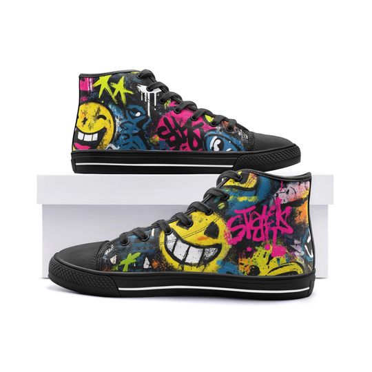 Discover HandmadeGraffiti High Top Canvas Sneakers | Street Art Smiley Shoes | Unisex Urban Casual Sneakers