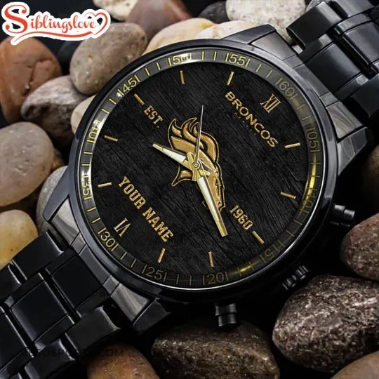 Discover Custom Name Denver Football Team Broncoss Black Stainless Steel Watch For Fans
