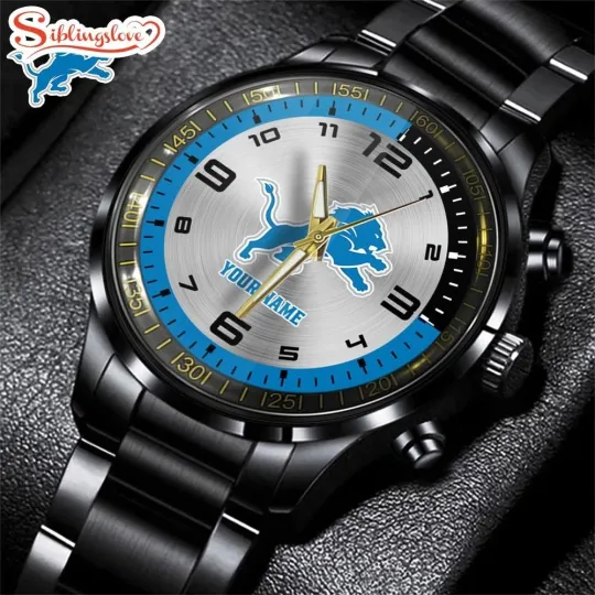 Discover Custom Name Detroit Football Team Lionss Black Stainless Steel Watch Gifts For F