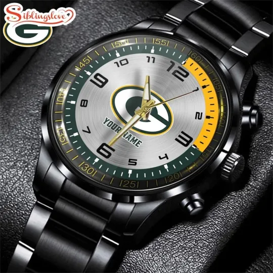 Discover Custom Name Green Bay Football Team Packerss Black Stainless Steel Watch Gifts F