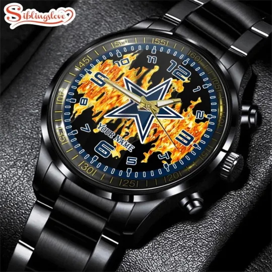 Discover Custom Name Dallas Football Team Cowboyss Black Stainless Steel Watch For Fans