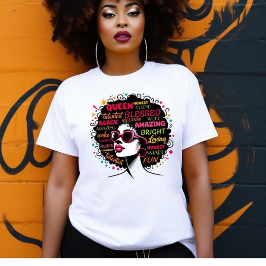Discover Melanin Queen Graphic Tee  Afro Woman Empowerment Shirt