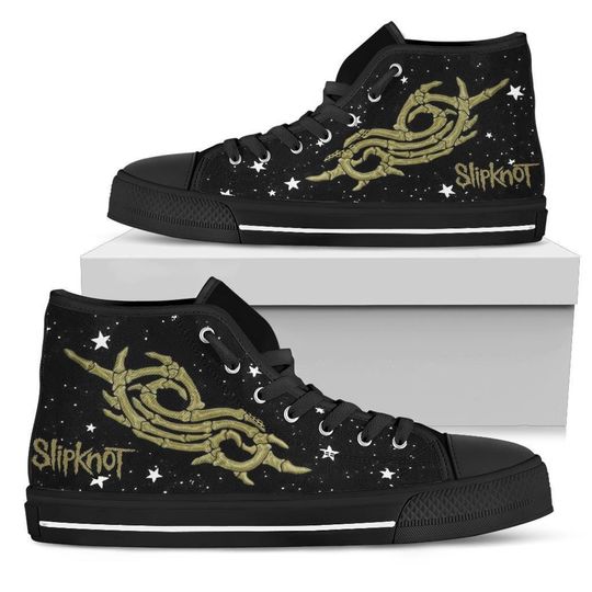 Discover HandmadeDark Skull Symbol High Top Canvas Sneakers, Black Gothic Metal Style Shoes