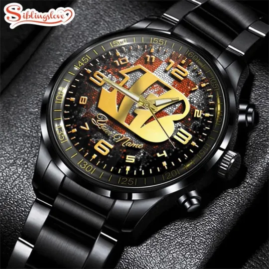 Discover Custom Name Cincinnati Football Team Bengalss 3D Men Black Stainless Steel Watch
