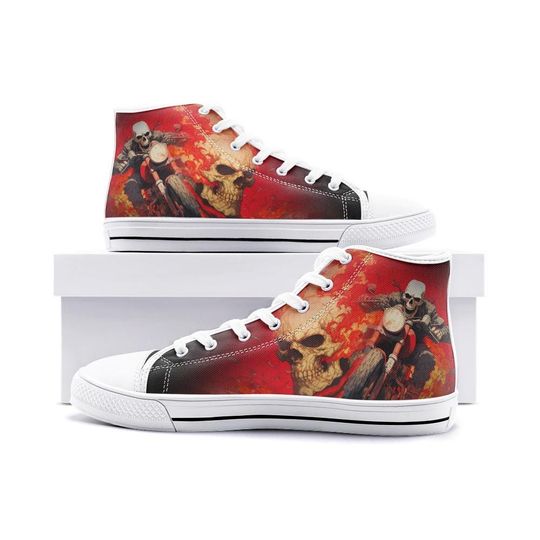 Discover HandmadeDark Fantasy High Top Canvas Sneakers, Fire Skull Graphic Shoes
