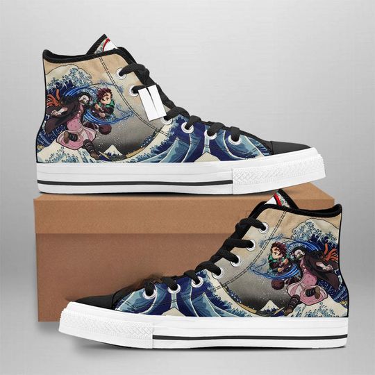 Discover HandmadeAnime Inspired High Top Canvas Sneakers, Wave Style Manga Art Shoes
