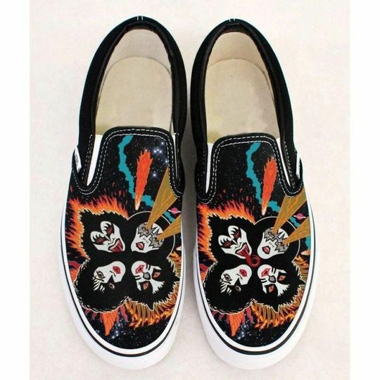 Rock Band Style Fan Art Slip On Sneakers, Bold Flame Sneakers