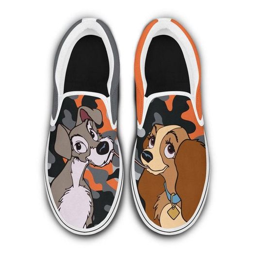 Cartoon Dog Couple Slip On Sneakers, Puppy Lover Fan Art Sneakers