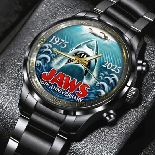 Discover Jaws Black Stainless Steel Watch Movie 50Th Anniversary