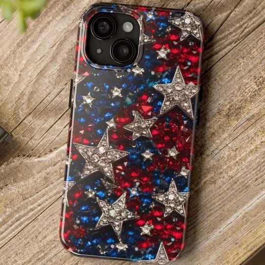 USA Red White & Blue Diamond Stars Phone Case, Patriotic American Printed Bling Gem Jewel Effect iPhone 16 15 14+ Pro Max Plus Samsung Cover