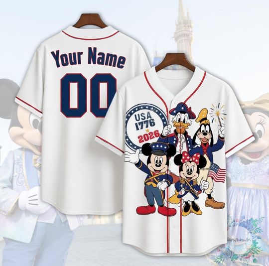 Disney 4th of July Baseball Jersey, Mickey Minnie Donald Goofy Patriotic Shirt, USA 1776 2026 Independence Day Disney Custom Name Jersey